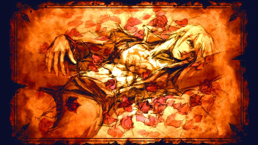 1boy, arc_system_works, ashley_loveless, battle_fantasia, highres, iwasaki_emiko, petals, solo