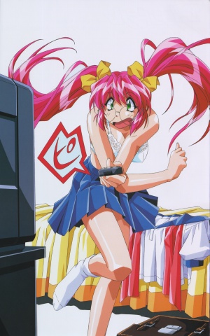 1990s_(style), 1girl, amagi_hikaru, blush, bow, bra, chou_kousoku_grandoll, glasses, hair_bow, long_hair, looking_over_eyewear, lowres, open_mouth, pink_hair, retro_artstyle, skirt, socks, standing, twintails, underwear, white_bra, white_legwear, yamashita_toshinari, yellow_bow