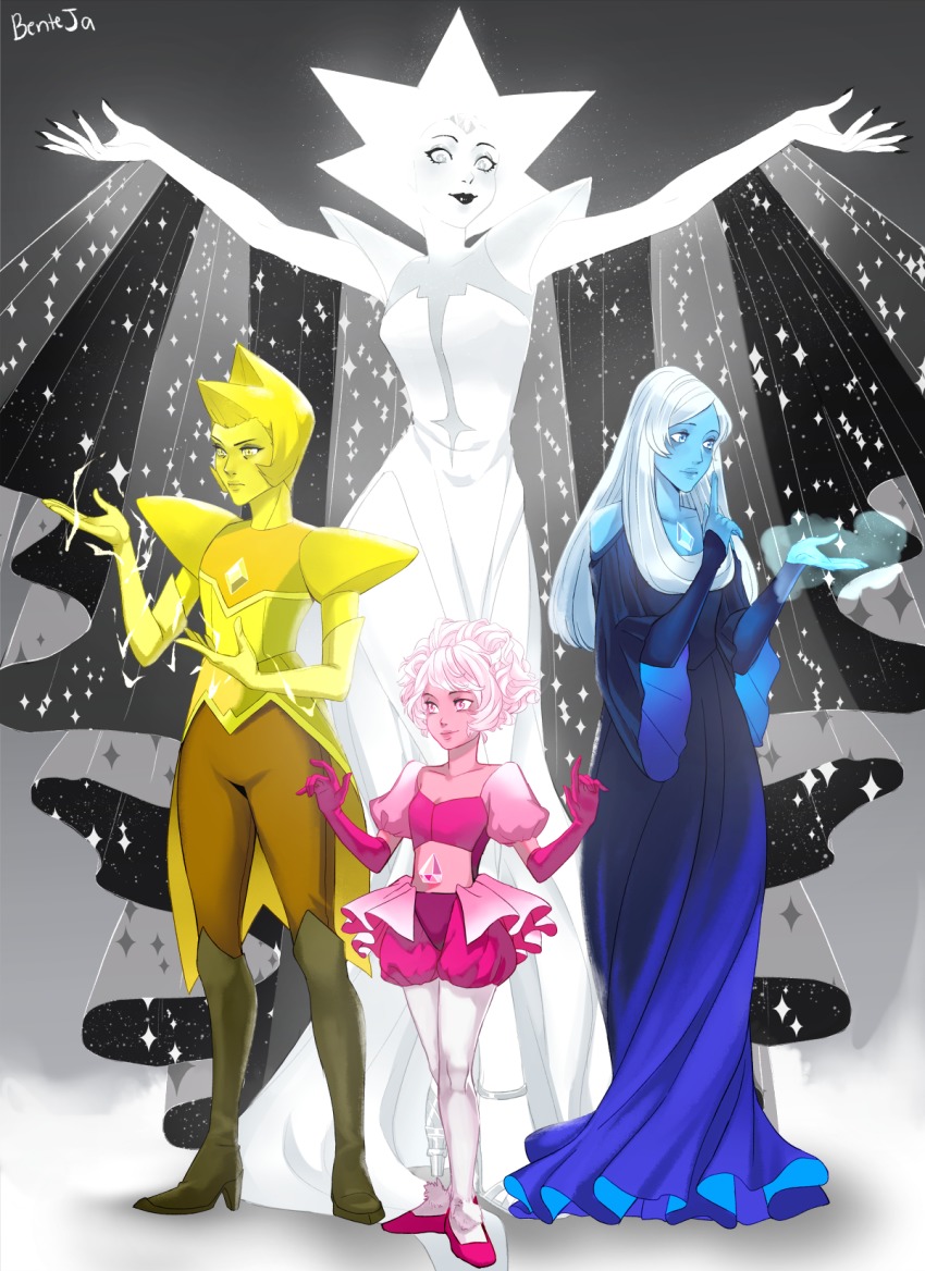 4girls, armor, black_lips, blonde_hair, blue_diamond_(steven_universe), blue_hair, blue_skin, colored_skin