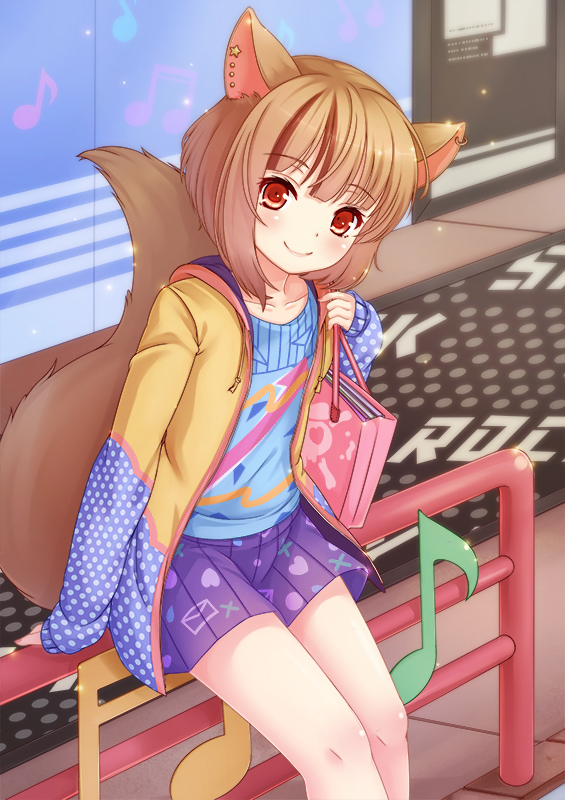 1girl, animal_ears, bag, brown_hair, commentary_request, ear_piercing, fennery_(show_by_rock!!), fox_ears