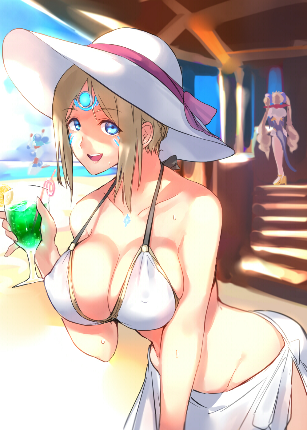 3girls, agate_(xenoblade), alternate_costume, bikini, blonde_hair, blue_eyes, breasts, cleavage, covered_erect_nipples, hat, highres, large_breasts, leaning_forward, looking_at_viewer, multiple_girls, negresco, nintendo, open_mouth, praxis_(xenoblade), sheba_(xenoblade), smile, standing, swimsuit, xenoblade_chronicles_(series), xenoblade_chronicles_2
