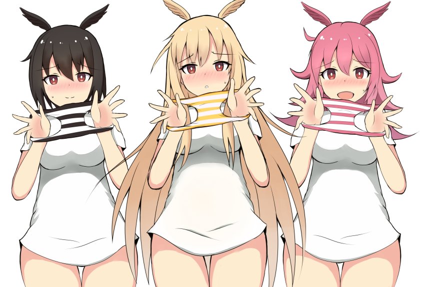 3girls, :d, absurdres, black_hair, black_wings, blush, breasts, brown_wings, closed_mouth, commentary_request, fate/grand_order, fate_(series), feathered_wings, hair_between_eyes, hands_up, head_wings, highres, hildr_(fate), holding, holding_unworn_clothes, holding_panties, holding_underwear, light_brown_hair, long_hair, medium_breasts, mitchi, multiple_girls, nose_blush, open_mouth, ortlinde_(fate), panties, parted_lips, pink_hair, pink_wings, presenting_removed_panties, shirt, short_sleeves, simple_background, smile, striped_clothes, striped_panties, sweat, thrud_(fate), underwear, unworn_panties, valkyrie_(fate), very_long_hair, white_background, white_shirt, wings