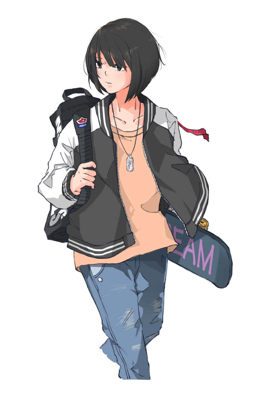 1girl, absurdres, backpack, bag, bob_cut, brown_hair, collarbone, denim