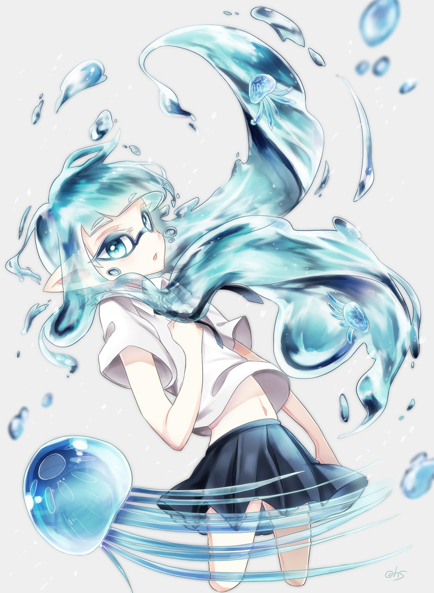 1girl, :o, aqua_eyes, aqua_hair, artist_name, black_necktie, black_skirt, blunt_bangs