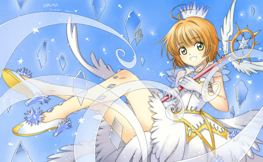 1girl, :d, antenna_hair, blonde_hair, blue_background, cardcaptor_sakura, cardcaptor_sakura_clear_card_arc, chrisanother, dress, female_focus, gloves, green_eyes, high_heels, holding, holding_staff, kinomoto_sakura, kinomoto_sakura_(clear_wings), looking_at_viewer, open_mouth, pumps, see-through_clothes, short_dress, short_hair, sleeveless, sleeveless_dress, smile, solo, staff, white_dress, white_footwear, white_gloves, white_wings, wings