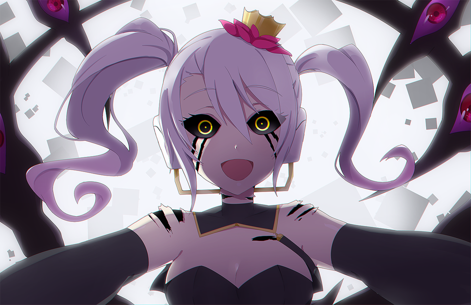 1girl, :d, black_sclera, caligula_(game), caligula_(series), colored_sclera, cracked_skin, crazy_eyes, crazy_smile, crown, dark_persona, earphones, elbow_gloves, extra_eyes, eyes_visible_through_hair, female_focus, gloves, mu_(caligula), open_mouth, pink_hair, shioiri, smile, solo, spoilers, torn_skin, twintails, yellow_eyes