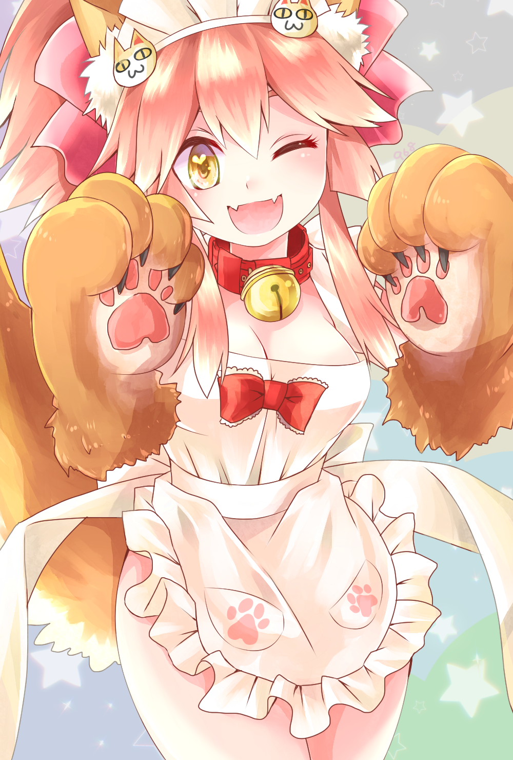 1girl, animal_ear_fluff, animal_ears, animal_hands, apron, bad_id, bad_pixiv_id, bell