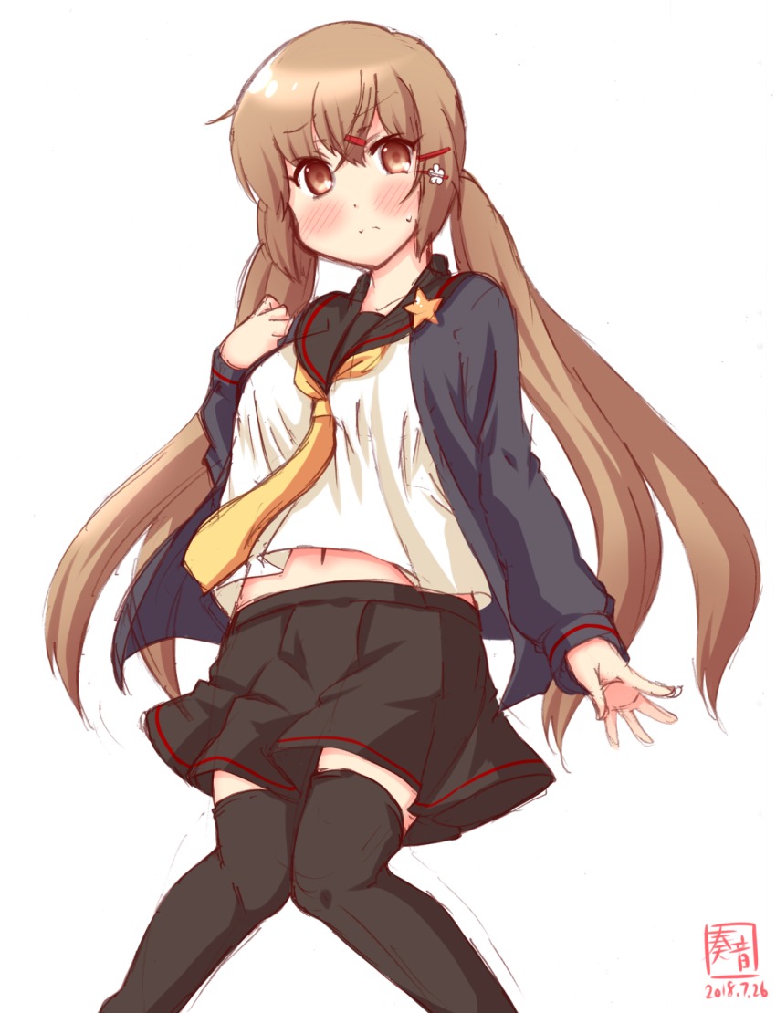 1girl, artist_logo, black_skirt, black_thighhighs, blush, breasts, brown_eyes, brown_hair