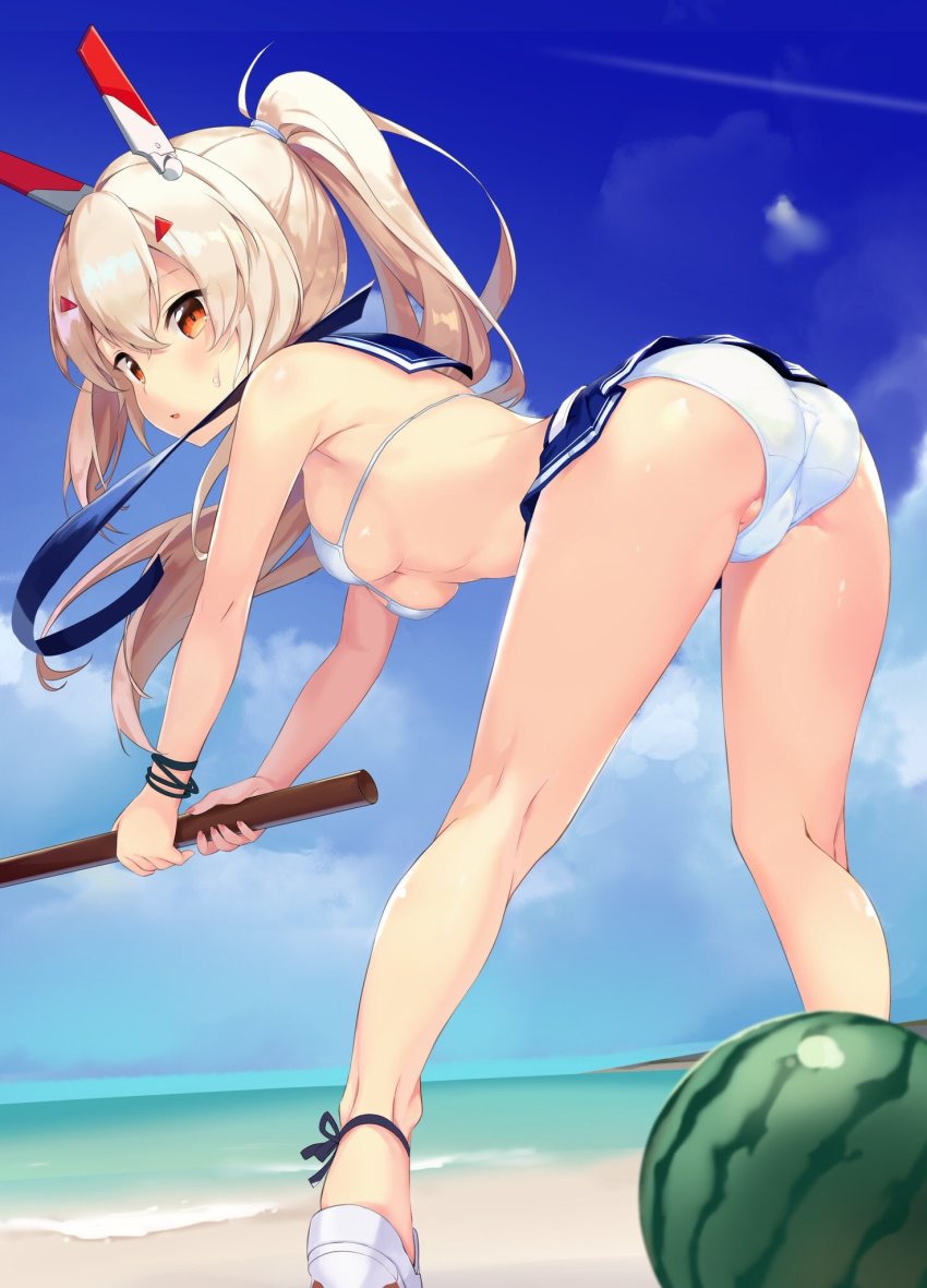 1girl, adapted_costume, ass, ayanami_(azur_lane), azur_lane, beach, bent_over, bikini