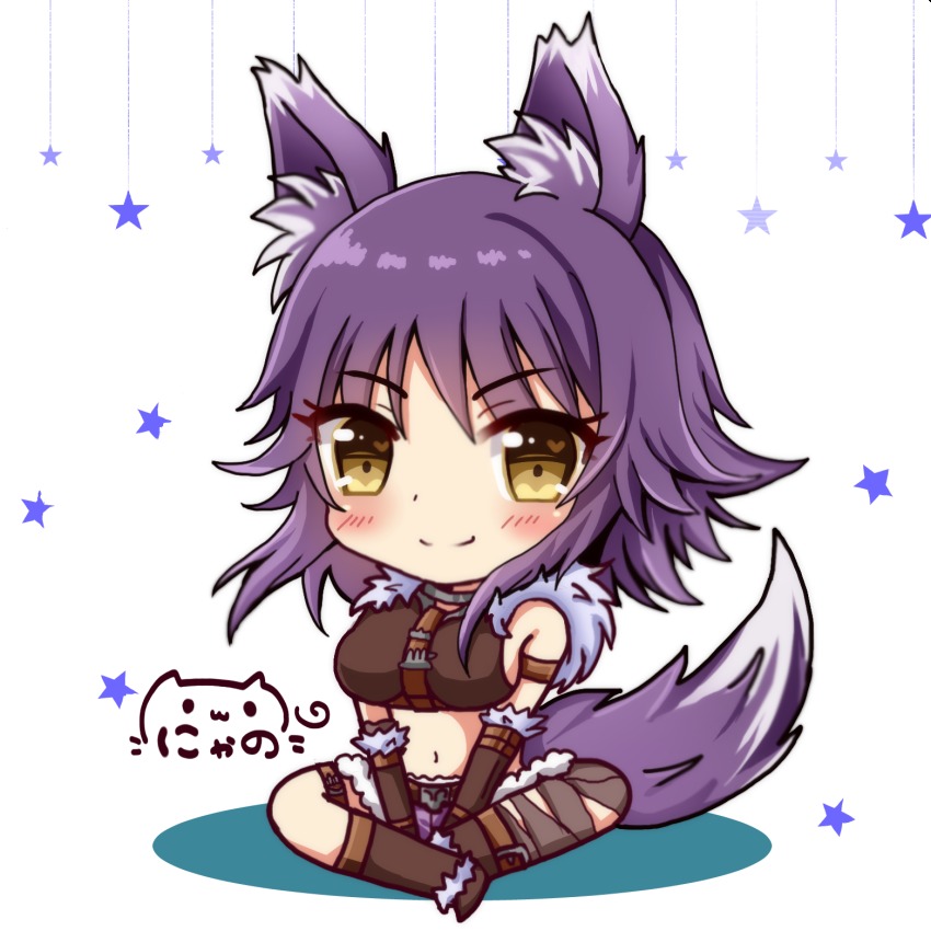 1girl, animal_ear_fluff, animal_ears, bare_shoulders, blush, boots, breasts, brown_boots, brown_eyes, brown_gloves, closed_mouth, commentary_request, elbow_gloves, female_focus, fur-trimmed_gloves, fur_trim, gloves, hair_between_eyes, heart, heart_in_eye, highres, large_breasts, long_hair, makoto_(princess_connect!), midriff, navel, nyano21, princess_connect!, purple_hair, purple_shorts, short_shorts, shorts, signature, sitting, sleeveless, smile, solo, split_mouth, star_(symbol), symbol_in_eye, tail, tail_raised, white_background, wolf_ears, wolf_girl, wolf_tail