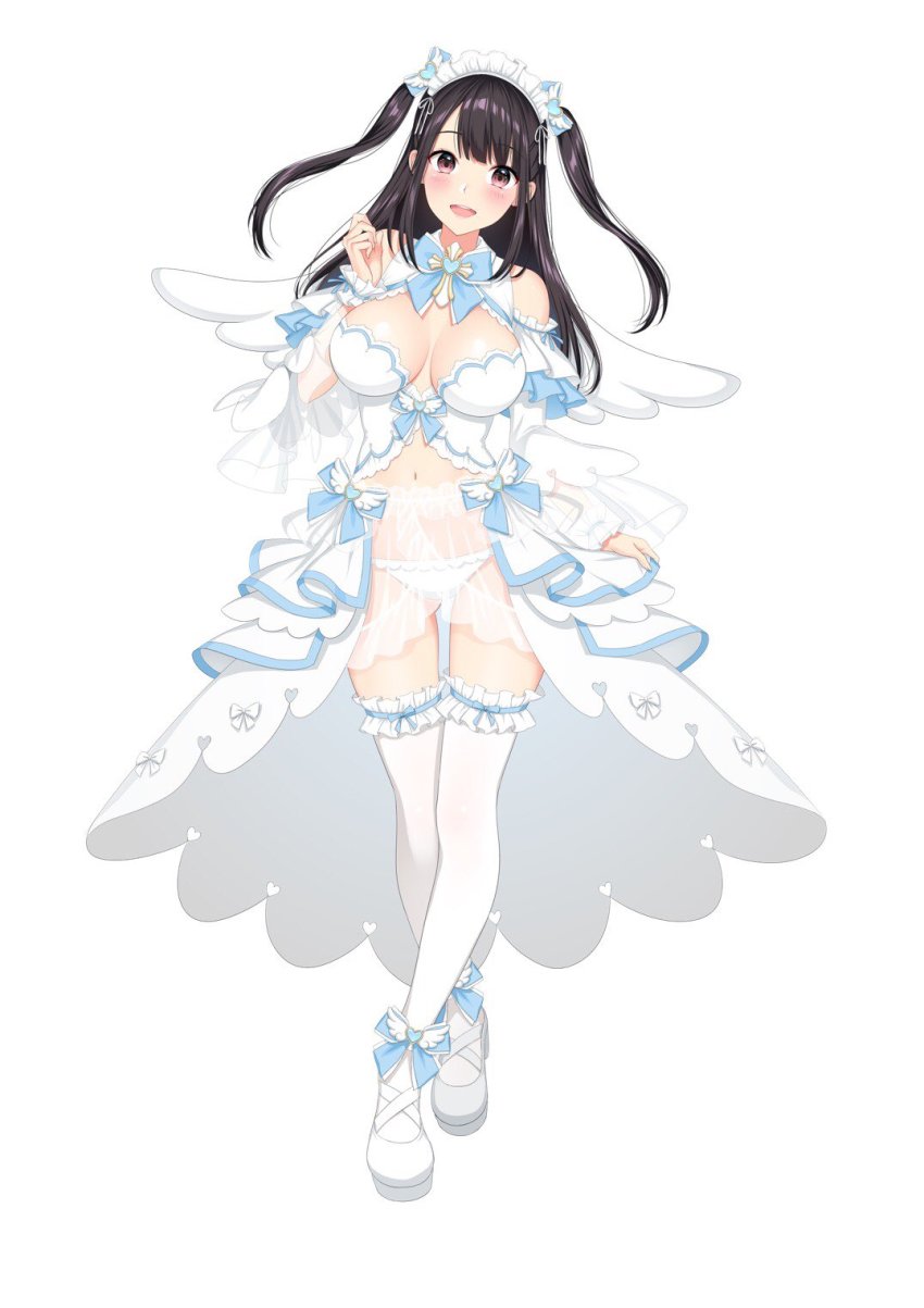 1girl, black_hair, blush, breasts, commentary_request, cosplay, detached_collar, female_focus, fingernails, frills, full_body, hand_up, headdress, highres, holding, idol, idol_(7th_dragon), kneehighs, large_breasts, looking_at_viewer, midriff, navel, open_mouth, original, panties, purple_eyes, re:shimashima, ribbon, ribbon_trim, see-through_clothes, shiny_skin, simple_background, sleeveless, smile, socks, solo, standing, twintails, two_side_up, underwear, white_background, white_panties, white_socks, wings, wrist_cuffs