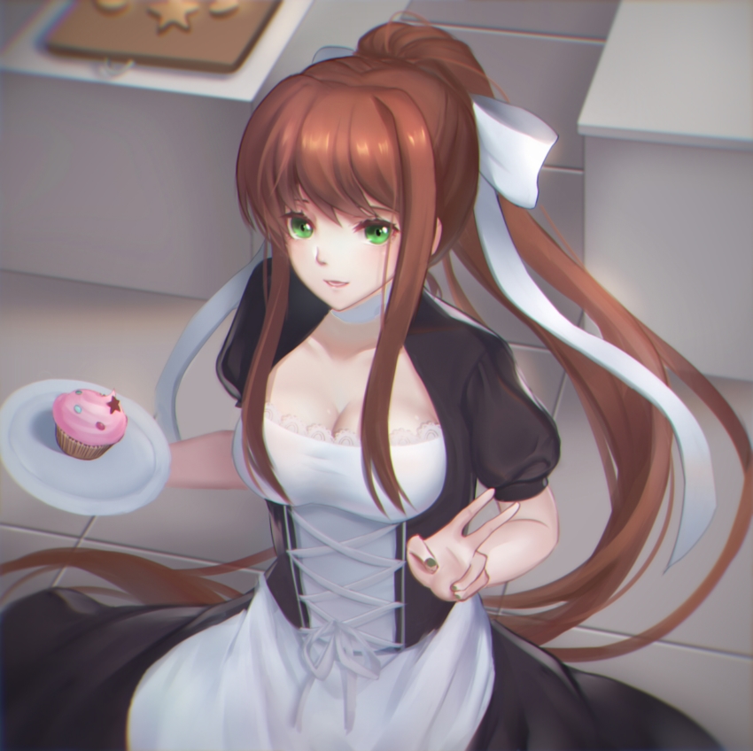 1girl, absurdres, alternate_costume, apron, breasts, brown_hair, character_name, cleavage, cleavage_cutout, clothing_cutout, commentary, cupcake, doki_doki_literature_club, enmaided, female_focus, food, green_eyes, green_nails, hair_ribbon, highres, ihsara10, long_hair, looking_at_viewer, maid, medium_breasts, monika_(doki_doki_literature_club), nail_polish, plate, ponytail, ribbon, short_sleeves, smile, solo, v, very_long_hair, waist_apron