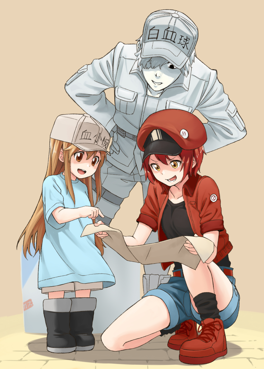 10s, 1boy, 2girls, absurdres, ae-3803, baseball_cap, belt, bent_over