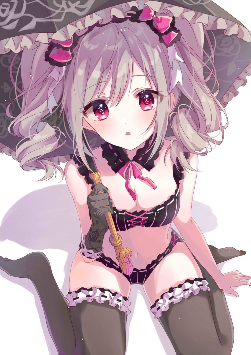 1girl, :o, arm_at_side, arm_support, arm_up, bad_id, bad_twitter_id, bell, black_bra, black_collar, black_panties, black_thighhighs, black_umbrella, blush, bow, bra, breasts, cleavage, collar, commentary_request, detached_collar, drill_hair, elbow_gloves, female_focus, floral_print, frilled_thighhighs, frilled_umbrella, frills, gloves, hair_bell, hair_between_eyes, hair_ornament, hanai_yuyu, head_tilt, highres, holding, holding_instrument, idolmaster, idolmaster_cinderella_girls, instrument, kanzaki_ranko, knees_out_of_frame, light_brown_hair, looking_at_viewer, medium_breasts, panties, pink_bow, pink_eyes, pink_ribbon, ribbon, ribbon-trimmed_bra, ribbon-trimmed_collar, ribbon-trimmed_legwear, ribbon-trimmed_panties, ribbon_trim, short_hair, simple_background, single_glove, sitting, solo, swept_bangs, thighhighs, umbrella, underwear, underwear_only, wariza, white_background, white_frills
