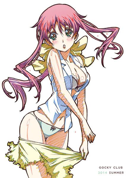 1girl, 2014, akasaka_mitsuki, aqua_eyes, blush, bow, bow_panties, bra