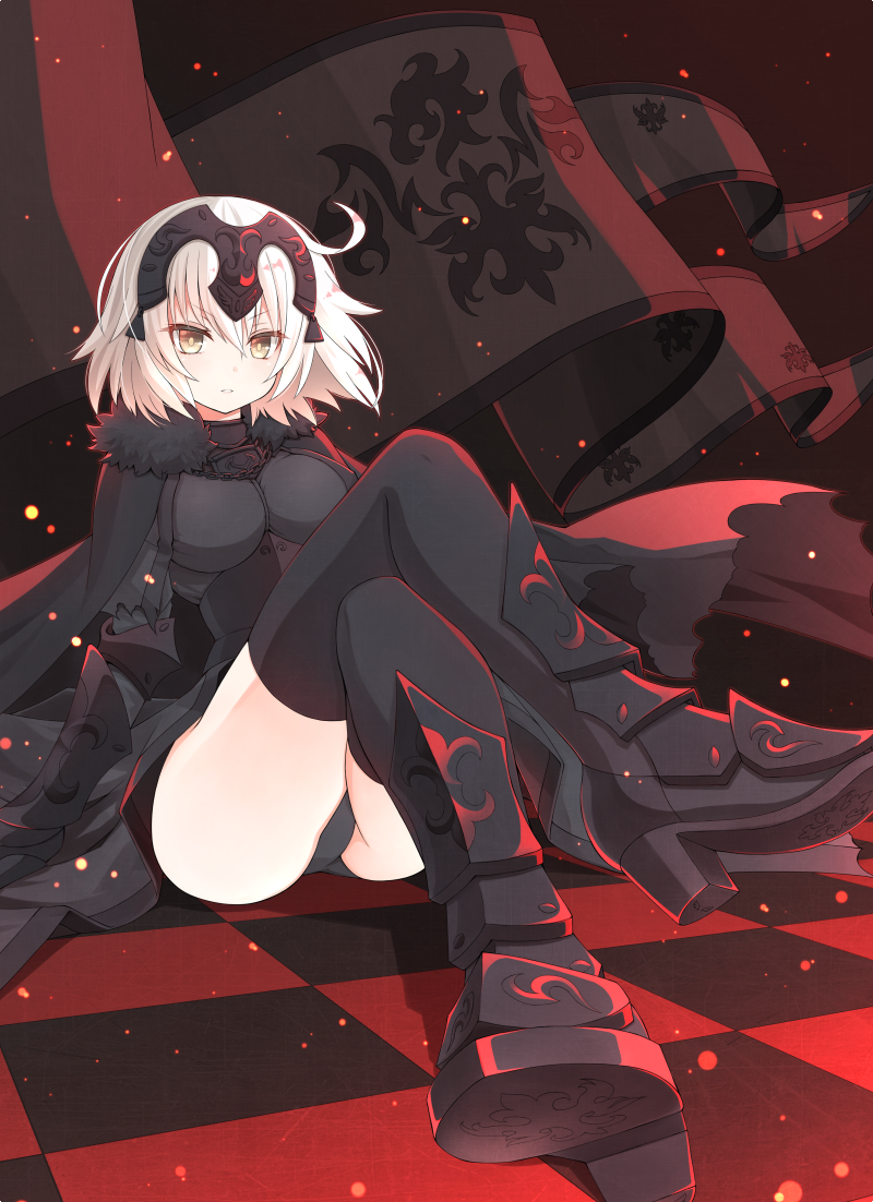 1girl, ahoge, armor, armored_boots, armored_dress, ass, banner, black_armor