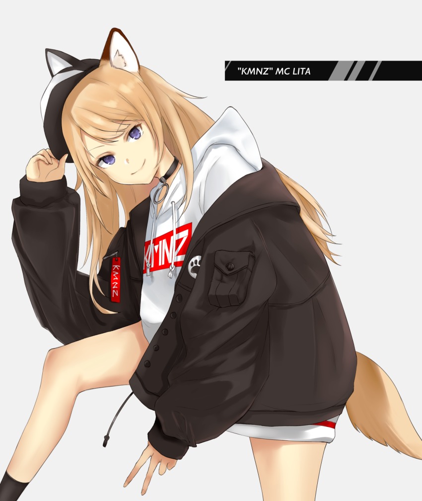 1girl, animal_ears, baseball_cap, blonde_hair, blue_eyes, character_name, collar, dog_ears, dog_tail, hat, hat_tip, hat_with_ears, highres, hood, hood_down, hoodie, jacket, lita_(kmnz), long_hair, no_pants, off_shoulder, seka_(nearfark), smile, tail, v, virtual_youtuber