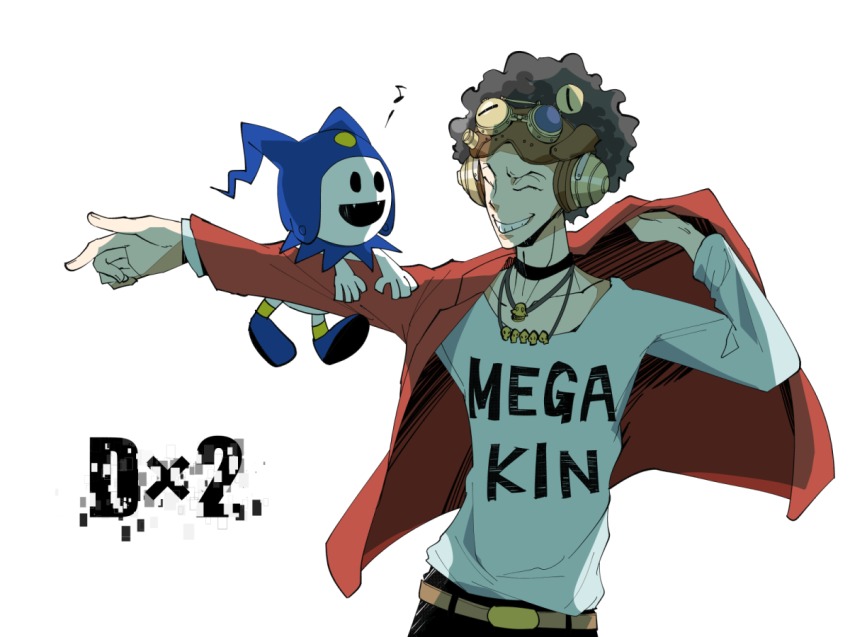 1boy, afro, brown_hair, closed_eyes, copyright_name, curly_hair, fangs, fuse_tarou, goggles, goggles_on_head, hat, headphones, jack_frost_(megami_tensei), jewelry, male_focus, musical_note, necklace, open_mouth, shin_megami_tensei, shin_megami_tensei:_liberation_dx2, simple_background, solo, teeth, white_background