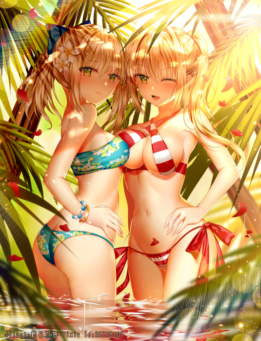 2girls, ;d, absurdres, artoria_pendragon_(fate), ass, asymmetrical_docking, bare_arms, bare_shoulders, bikini, blonde_hair, blue_bikini, blue_bow, blurry, blurry_foreground, blush, bow, bracelet, breast_press, breasts, butt_crack, cleavage, closed_mouth, criss-cross_halter, day, depth_of_field, fate/grand_order, fate_(series), flower, green_eyes, groin, hair_between_eyes, hair_bow, hair_flower, hair_intakes, hair_ornament, halterneck, hand_on_own_hip, highres, huge_filesize, jewelry, junpaku_karen, large_breasts, long_hair, looking_at_viewer, looking_to_the_side, medium_breasts, multiple_girls, navel, nero_claudius_(fate), nero_claudius_(swimsuit_caster)_(fate), official_alternate_costume, one_eye_closed, open_mouth, outdoors, petals, ponytail, saber_(fate), saber_(resort_vacances)_(fate), side-tie_bikini_bottom, sidelocks, smile, standing, strapless, strapless_bikini, striped_bikini, striped_clothes, sunlight, swimsuit, twintails, wading, white_flower