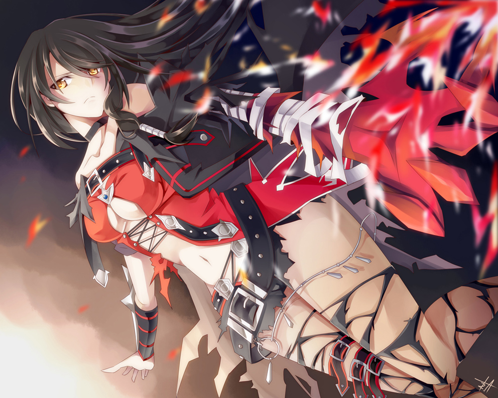 1girl, akisaki, bandages, belt, black_belt, black_hair, black_neckwear, black_shorts, black_thighhighs, breasts, choker, claws, cleavage, closed_mouth, collarbone, female_focus, frown, long_hair, medium_breasts, navel, shorts, solo, tales_of_(series), tales_of_berseria, thighhighs, torn_clothes, torn_shorts, torn_thighhighs, underboob, velvet_crowe, yellow_eyes