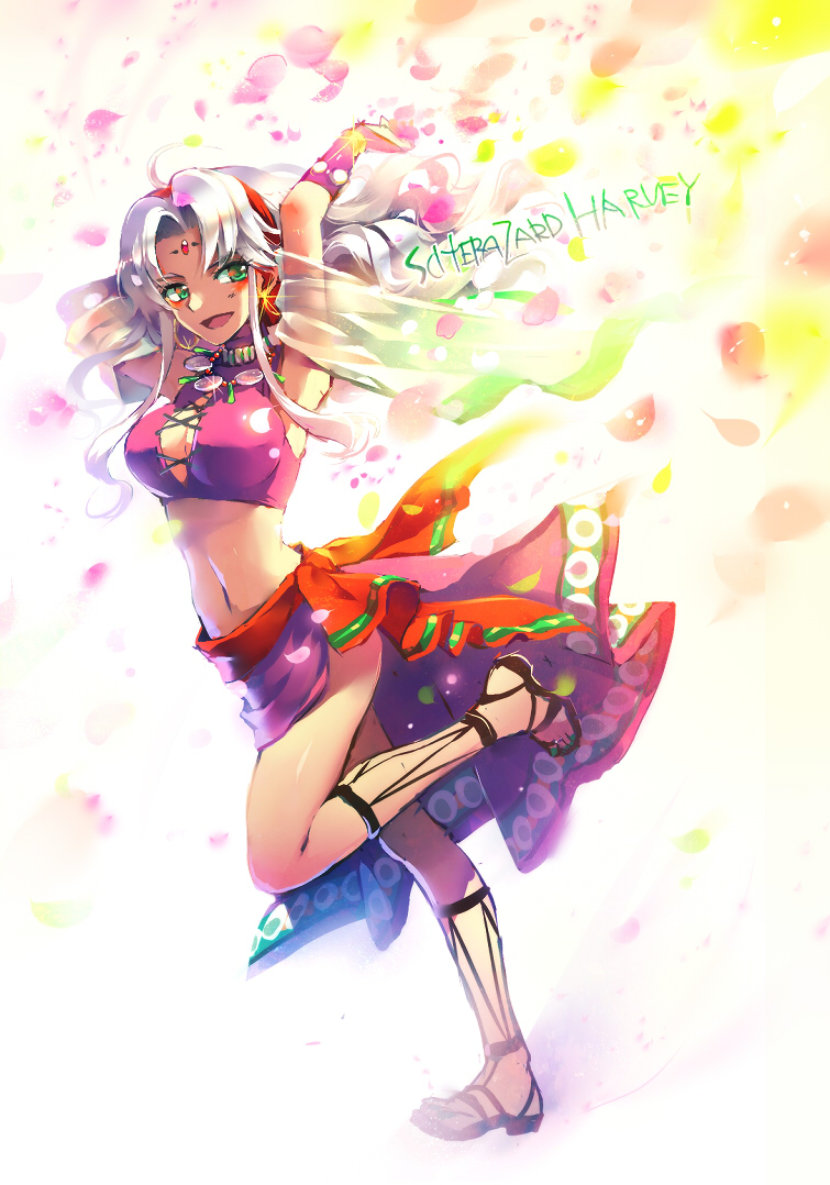 1girl, ahoge, arms_up, bracelet, breasts, character_name, cleavage, cleavage_cutout