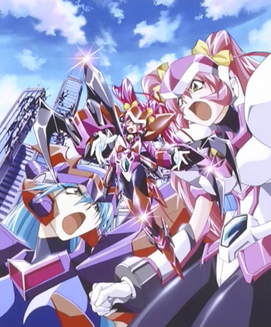 1990s_(style), 2girls, amagi_hikaru, character_request, chou_kousoku_grandoll, cloud, multiple_girls, open_mouth