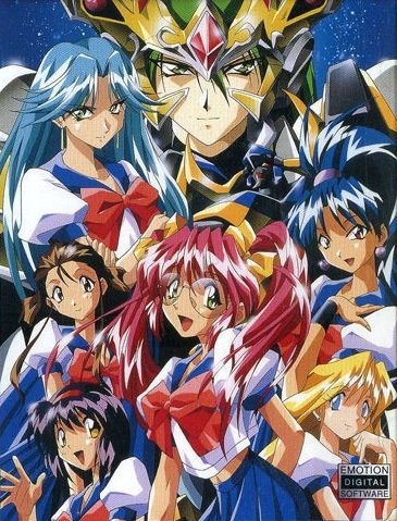 1990s_(style), 1boy, 6+girls, amagi_hikaru, blonde_hair, blue_eyes, blue_hair, character_request