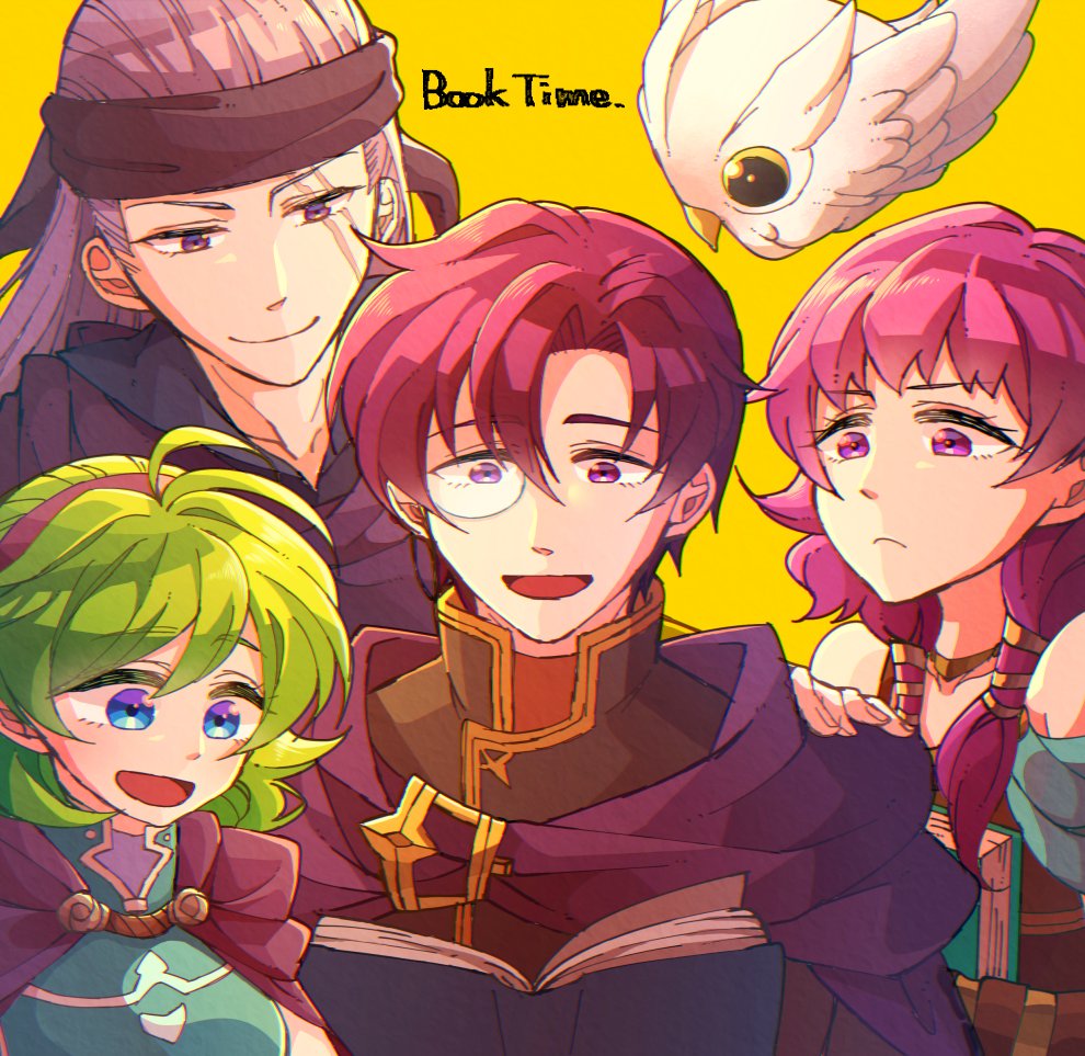 2boys, 2girls, bare_shoulders, black_headband, blue_eyes, book, canas_(fire_emblem), cape