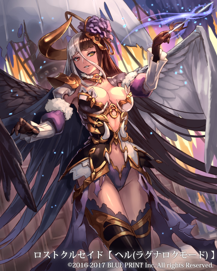 1girl, black_hair, blue_eyes, breasts, brown_hair, copyright_name, cuboon, female_focus, gradient_hair, grey_hair, hell_(lost_crusade), heterochromia, large_breasts, lost_crusade, multicolored_hair, navel, official_art, red_eyes, solo, wings, yellow_eyes