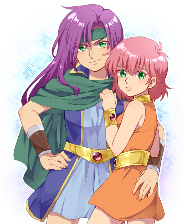 2girls, bracelet, cape, closed_mouth, cowboy_shot, dress, eyes_visible_through_hair, faris_scherwiz