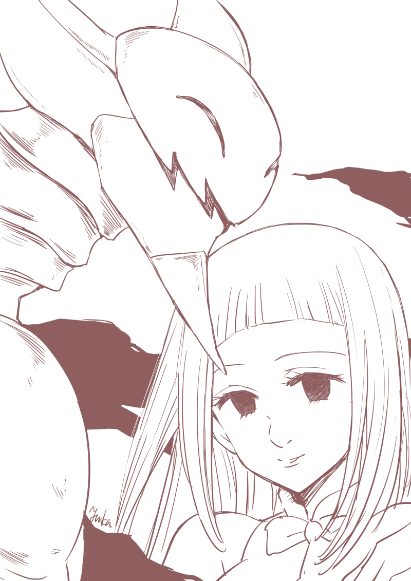 10s, 1boy, 1girl, armor, blunt_bangs, bow, galand, greyscale