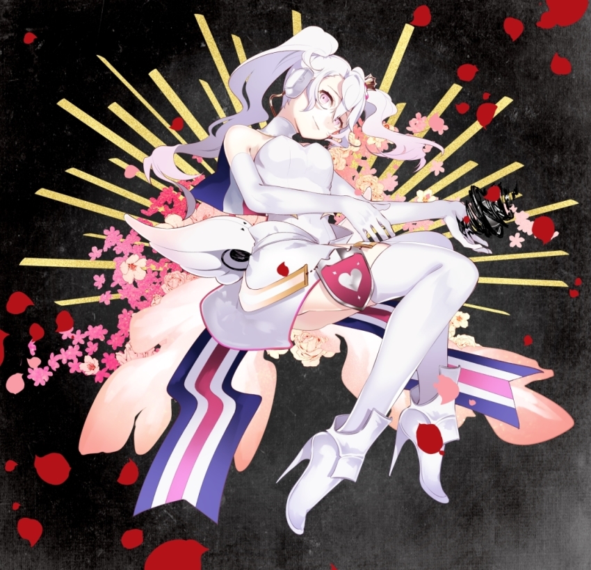 1girl, caligula_(game), caligula_(series), crown, dress, earphones, elbow_gloves, gloves