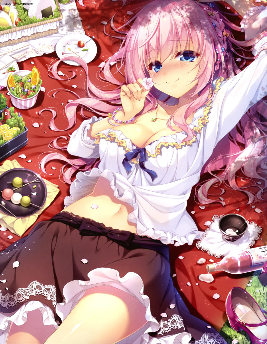 1girl, absurdres, arm_up, artist_name, bare_legs, basket, bento, black_skirt, blanket, blue_eyes, blue_ribbon, blush, bottle, bracelet, braid, breasts, cherry, cherry_blossoms, choko_(cup), chopsticks, cleavage, closed_mouth, cocktail_pick, collar, collarbone, cowboy_shot, cup, day, dengeki_moeoh, dutch_angle, egg, female_focus, fingernails, flower, food, frilled_shirt, frilled_skirt, frilled_sleeves, frills, from_above, fruit, gem, grass, hair_ornament, hair_ribbon, hanami, hand_up, highres, holding, holding_flower, jewelry, kiwi_(fruit), kiwi_slice, large_breasts, leaf, leg_up, lens_flare, lettuce, light_particles, light_rays, long_hair, long_sleeves, looking_at_viewer, lying, mary_janes, navel, on_back, onigiri, open_clothes, open_shirt, orange_(fruit), original, outdoors, petals, picnic, picnic_basket, pink_hair, plate, ribbon, shadow, shiny_skin, shirt, shoes, skirt, smile, solo, strawberry, suzushiro_atsushi, thighs, tomato, toothpick, unworn_shoes, wagashi, white_shirt