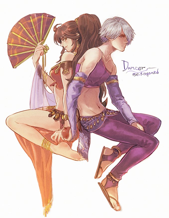 1boy, 1girl, alternate_costume, barefoot, bracelet, brown_hair, dancer, dark_skin