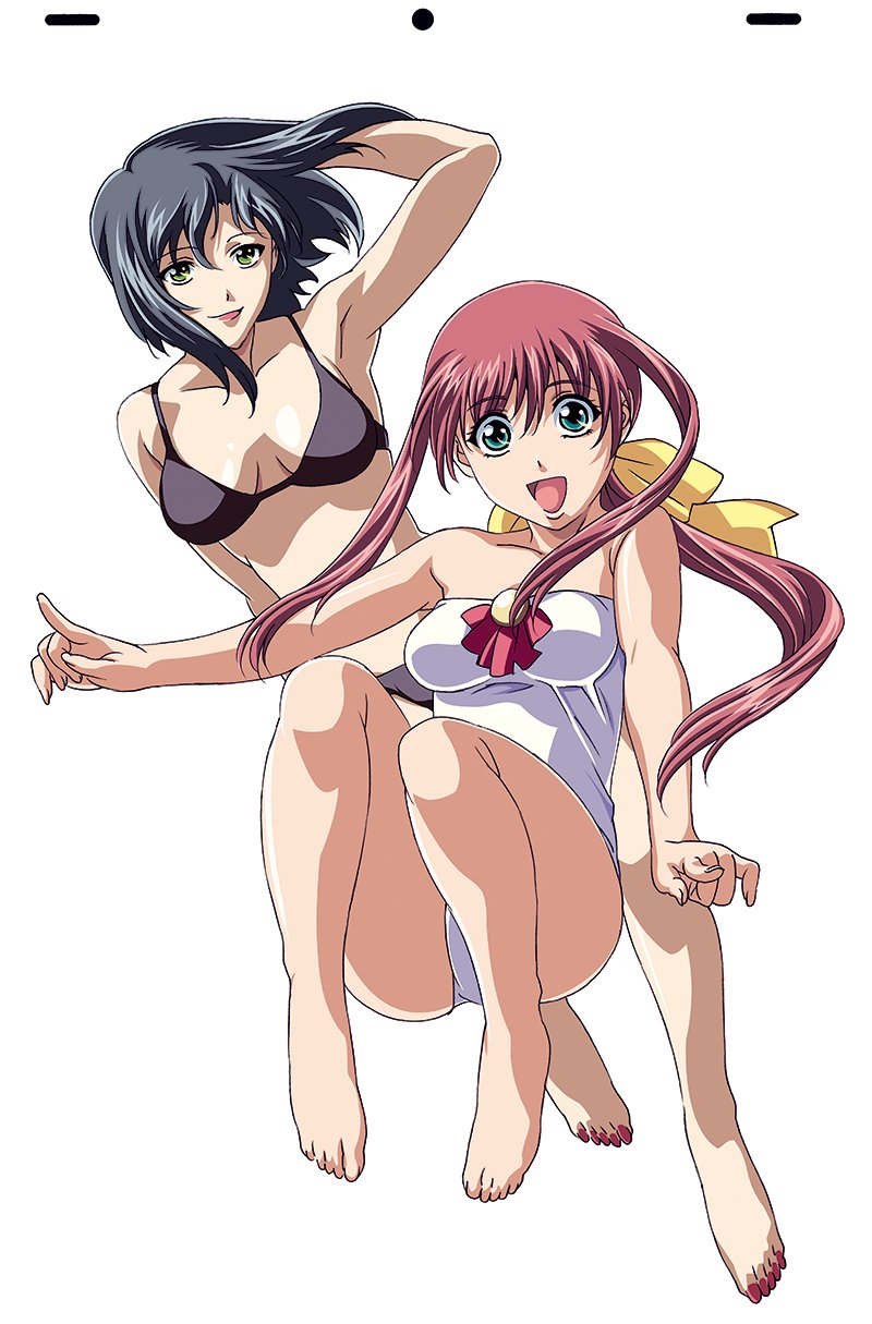 akasaka_mitsuki, barefoot, bikini, black_bikini, double_cast, feet, gotou_keiji, highres