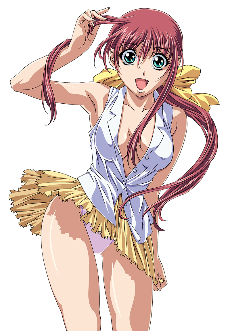 1girl, adjusting_hair, akasaka_mitsuki, aqua_eyes, arm_up, breasts, cleavage, covered_erect_nipples