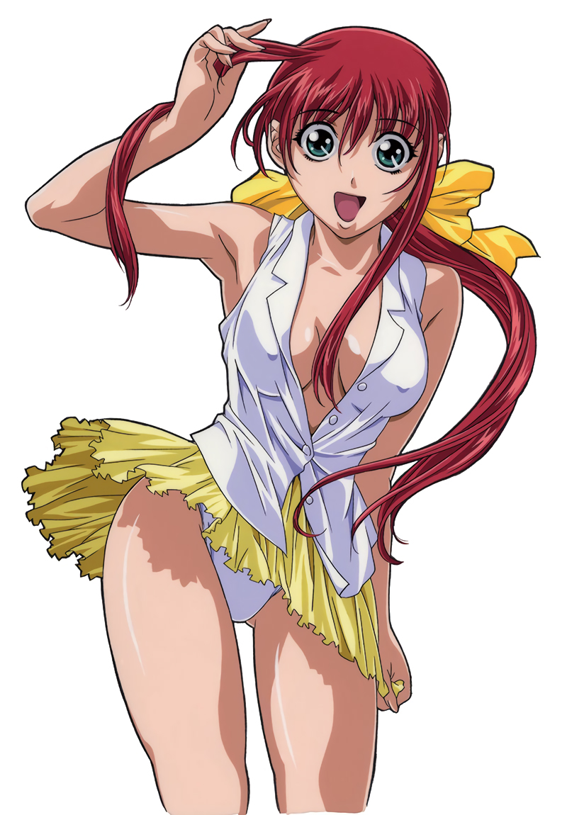 1990s_(style), 1girl, adjusting_hair, akasaka_mitsuki, aqua_eyes, arm_up, armpits, breasts, cleavage, covered_erect_nipples, cowboy_shot, double_cast, female_focus, gluteal_fold, gotou_keiji, hair_ribbon, large_breasts, long_hair, looking_at_viewer, md5_mismatch, official_art, open_mouth, panties, partially_unbuttoned, ponytail, red_hair, retro_artstyle, ribbon, shirt, simple_background, skirt, skirt_tug, sleeveless, sleeveless_shirt, solo, underwear, white_background