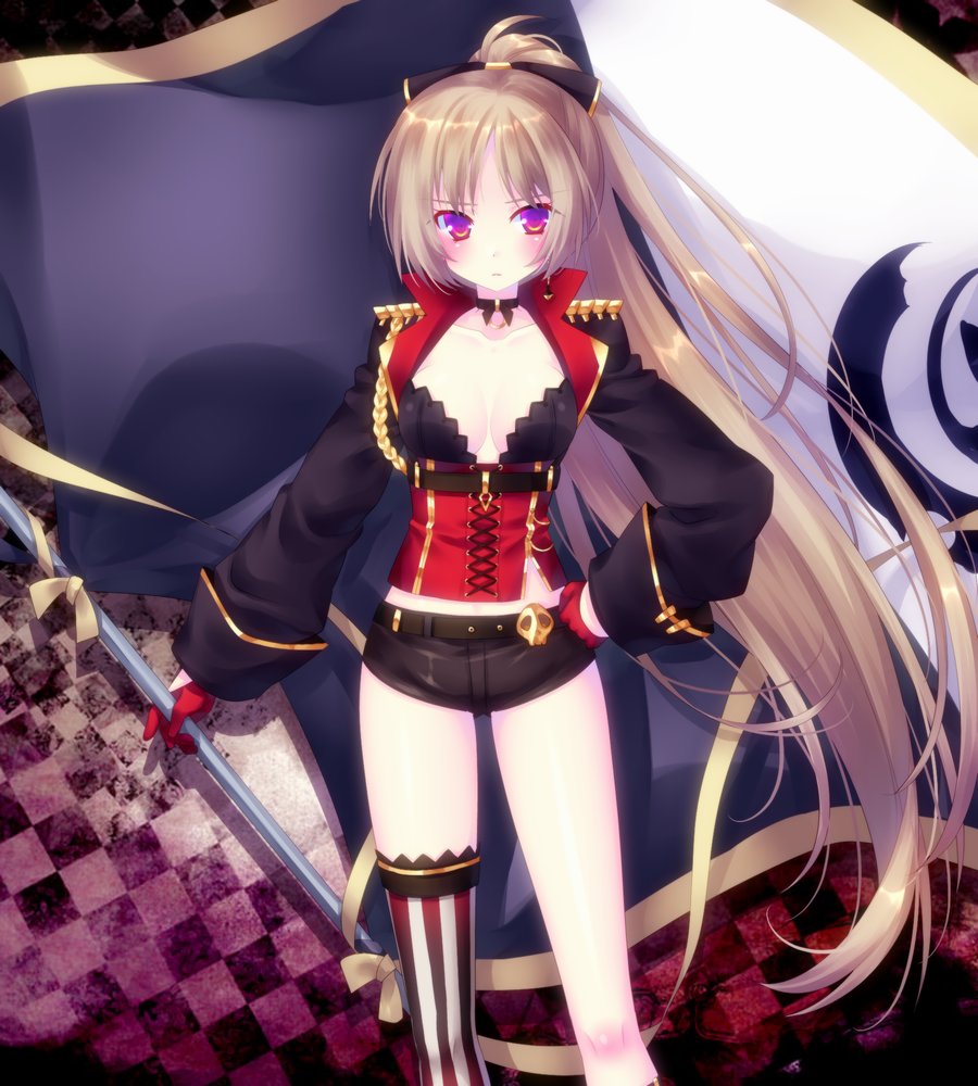 1girl, azur_lane, bad_id, bad_twitter_id, belt, bow, breasts, brown_hair, collarbone, commentary_request, female_focus, flag, gloves, hair_bow, hand_on_own_hip, jean_bart_(azur_lane), long_hair, looking_at_viewer, mikoto_(mikoto_r_a), ponytail, red_eyes, short_shorts, shorts, single_thighhigh, skull, small_breasts, solo, striped_clothes, striped_thighhighs, thighhighs, thighs, vertical-striped_clothes, vertical-striped_thighhighs