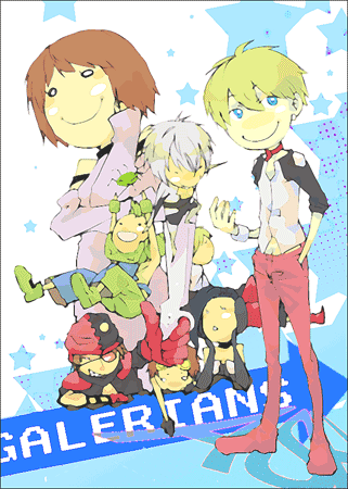 2girls, 6+boys, armor, ash_(galerians), black_hair, blonde_hair, blue_eyes, breastplate