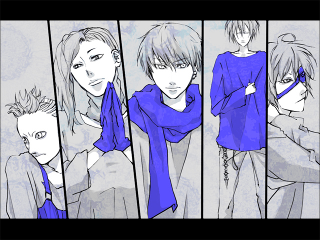 1girl, 4boys, ash_(galerians), blue_theme, bug, chain, earrings, frontal_ponytail, galerians, galerians:_ash, gloves, grey_background, jewelry, looking_at_viewer, monogoggle, multiple_boys, nitro_(galerians), overalls, parano_(galerians), ponytail, rion_(galerians), rion_steiner, scarf, shirt, short_hair, simple_background, spider, spider_(galerians)