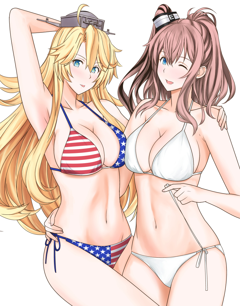 2girls, :d, :q, alternate_costume, american_flag, american_flag_bikini, american_flag_print, arm_behind_head