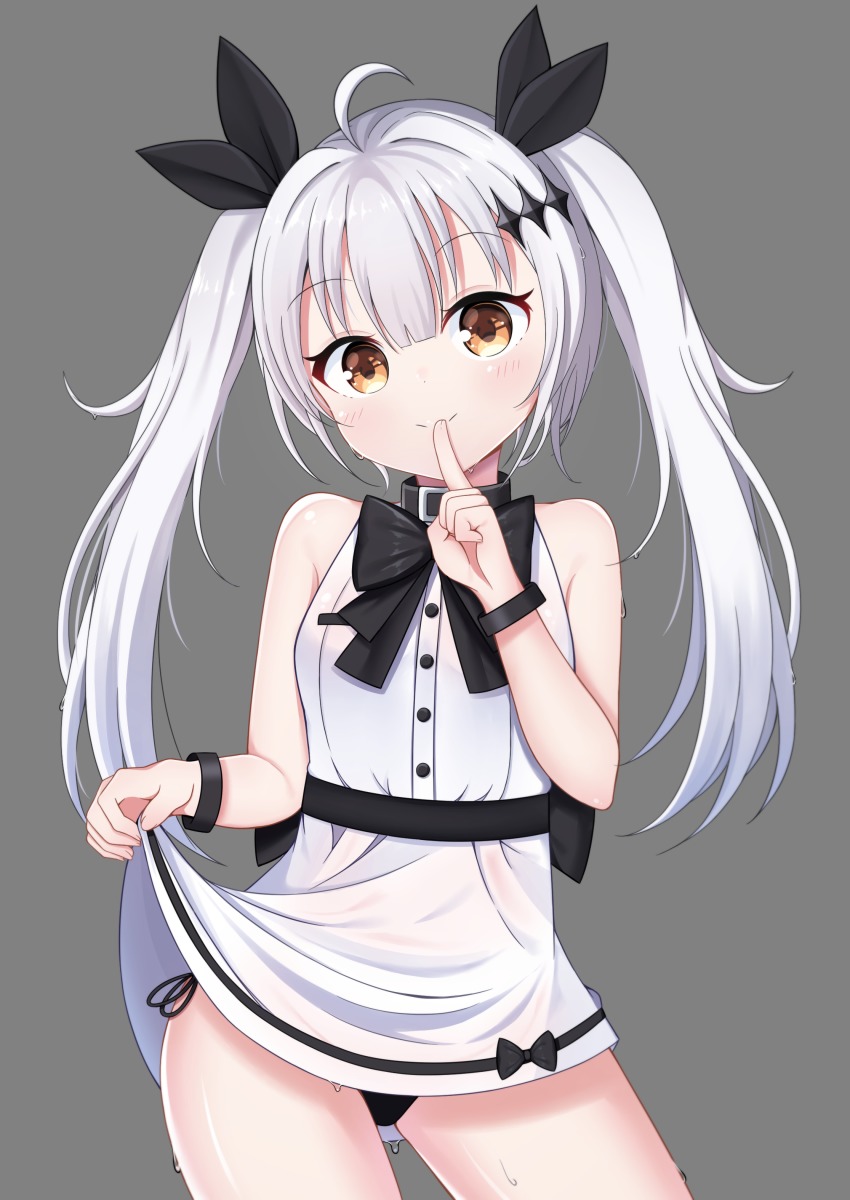 1girl, absurdres, aged_down, ahoge, bare_shoulders, black_bow, black_panties, black_ribbon