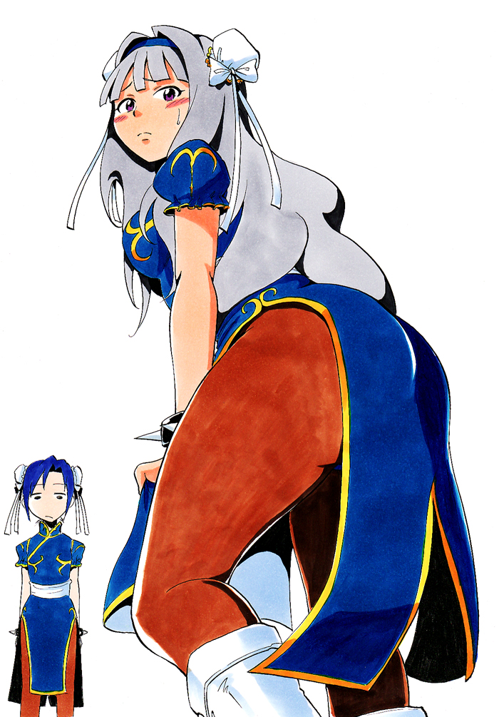 2girls, ass, atou_rie, blue_dress, blue_hair, blush, boots, bracelet, bun_cover, capcom, china_dress, chinese_clothes, chun-li, chun-li_(cosplay), commentary, cosplay, crossover, double_bun, dress, embarrassed, gold_trim, grey_hair, hair_bun, hip_focus, huge_ass, idolmaster, idolmaster_(classic), jewelry, kisaragi_chihaya, long_hair, multiple_girls, pantyhose, pelvic_curtain, puffy_sleeves, sash, shijou_takane, short_sleeves, spiked_bracelet, spikes, street_fighter, sweatdrop, thick_thighs, thighs, white_background, white_footwear, wide_hips