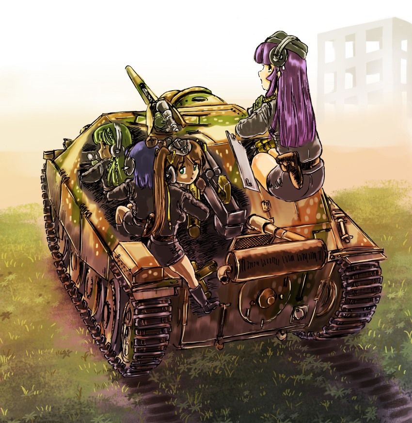 4girls, absurdres, building, caterpillar_tracks, day, grass, green_eyes, green_hair, headphones, highres, jagdpanzer_38(t), long_hair, makuraren_(mclaren), military, military_vehicle, miniskirt, motor_vehicle, multiple_girls, original, purple_hair, short_hair, skirt, tank, tank_destroyer, turretless_tank, x-ray