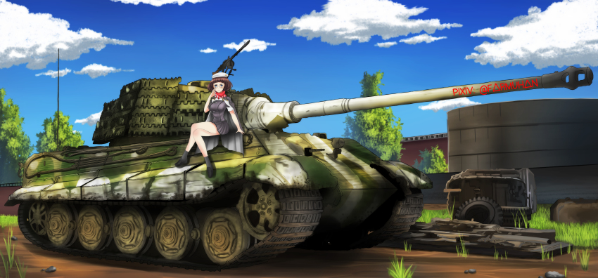1girl, absurdres, artist_name, black_hair, breasts, cape, caterpillar_tracks, character_request, cloud, day, farmuhan, glasses, grass, gun, highres, machine_gun, military, military_vehicle, motor_vehicle, original, short_hair, sky, tank, tiger_ii, tree, war_thunder, weapon