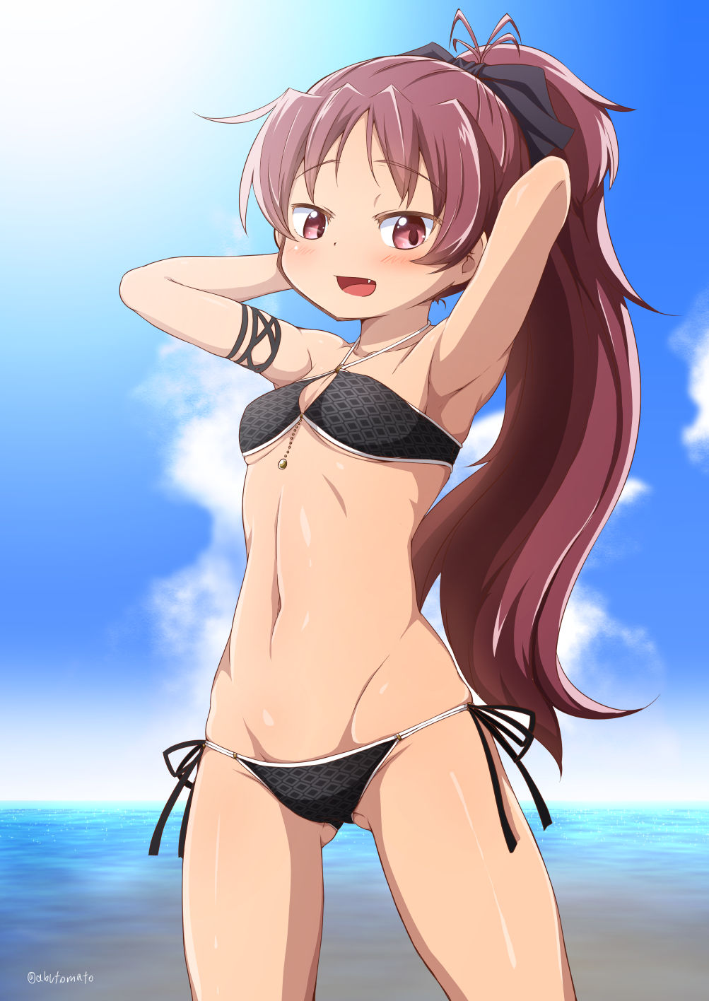 1girl, abutomato, armpits, arms_behind_head, bare_shoulders, bikini, black_bikini, black_ribbon, blue_sky, blush, breasts, cloud, collarbone, commentary_request, day, fang, female_focus, gluteal_fold, groin, hair_ribbon, highres, long_hair, looking_at_viewer, mahou_shoujo_madoka_magica, medium_breasts, navel, ocean, open_mouth, outdoors, ponytail, red_eyes, red_hair, ribbon, sakura_kyoko, sakura_kyoko_(swimsuit_costume), side-tie_bikini_bottom, sky, smile, solo, standing, swimsuit, twitter_username, very_long_hair