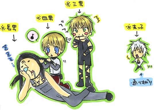 4boys, ash_(galerians), birdman, black_hair, blonde_hair, blue_eyes, blush, blush_stickers