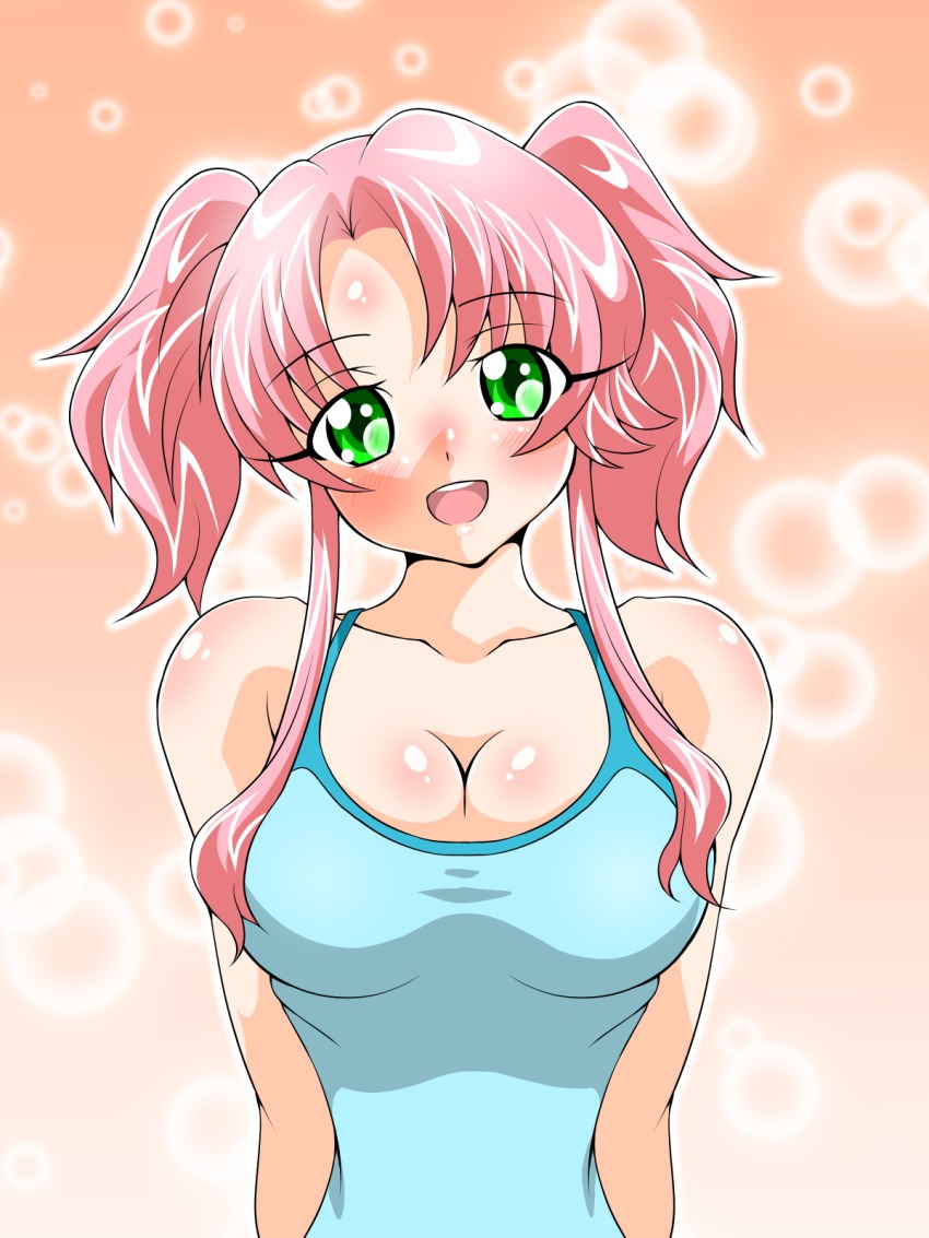 1girl, alternate_hairstyle, arms_behind_back, blush, breasts, cleavage, female_focus, gradient_background