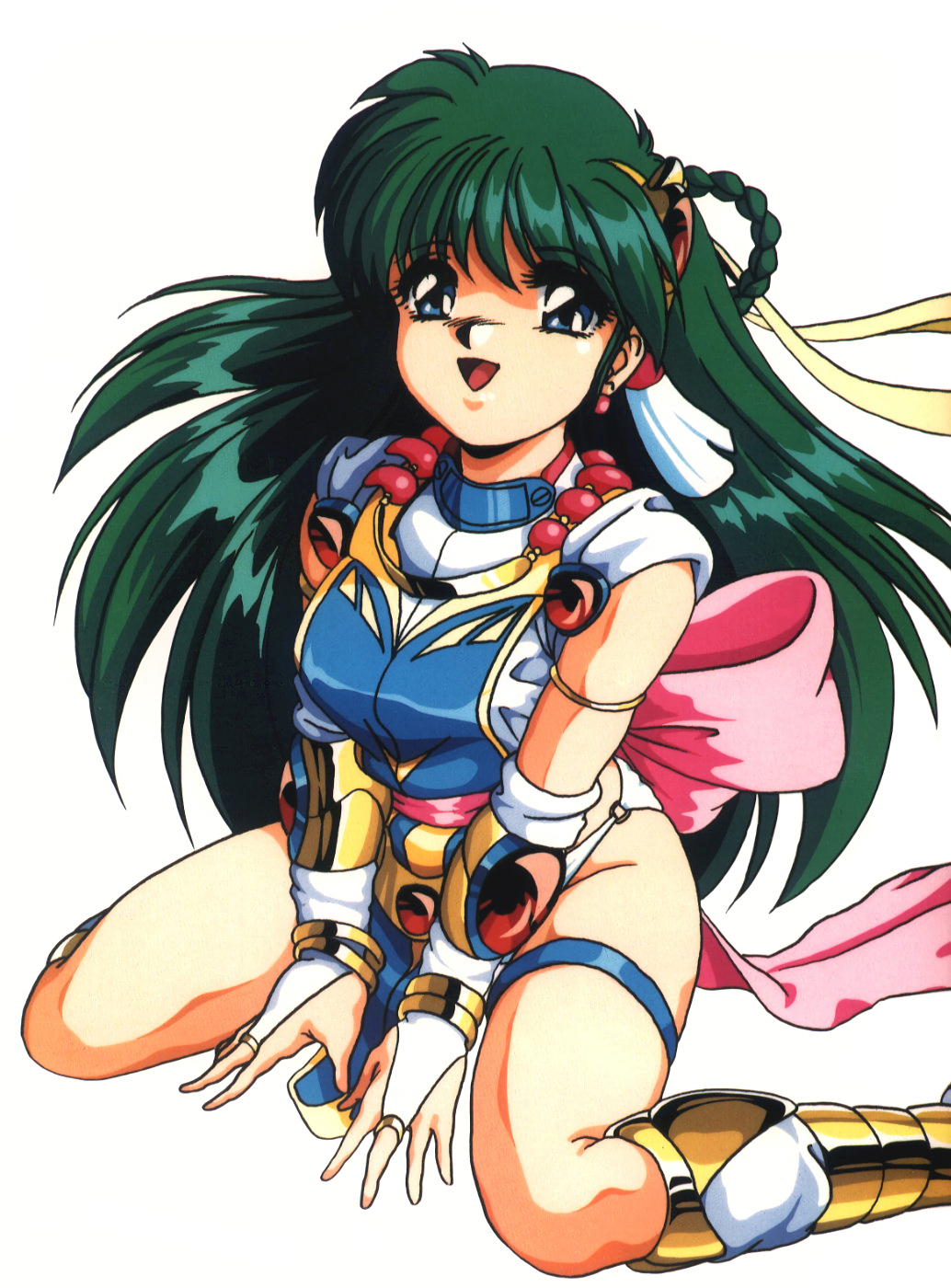1990s_(style), 1girl, blue_eyes, braid, bridal_gauntlets, can_can_bunny, female_focus, green_hair, highres, long_hair, non-web_source, official_art, open_mouth, retro_artstyle, simple_background, sitting, solo, swatty, thigh_strap, tomoya_kankurou, wariza, white_background
