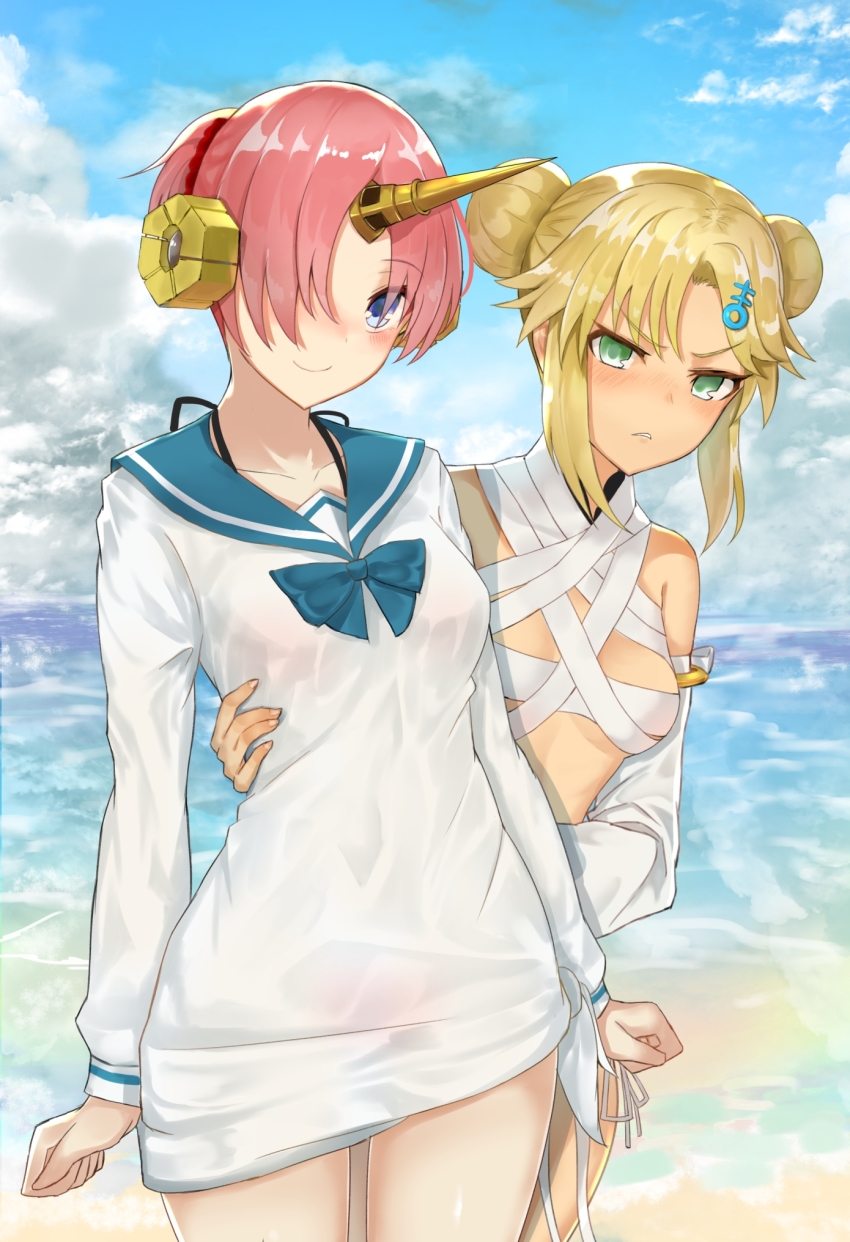 2girls, angry, bandages, bikini, bikini_under_clothes, blonde_hair, blue_eyes, blush